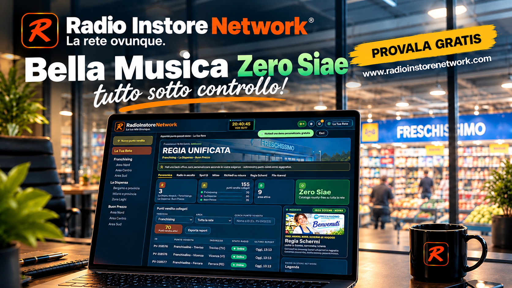Bella Musica, Zero SIAE, tutto sotto controllo. Prova gratis Radio In Store Network